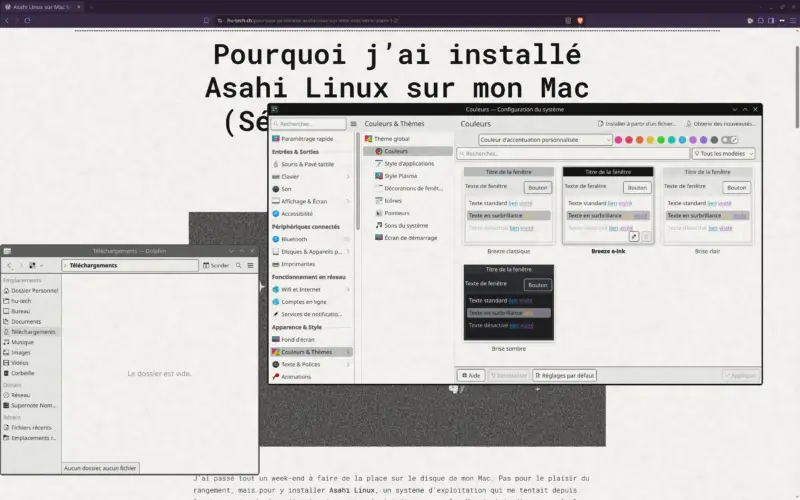 Capture d'écran du bureau Asahi Linux configuré avec le thème couleurs Breeze e-ink