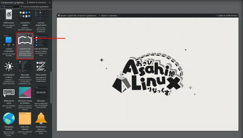 Bureau et liste des composants graphiques disponibles avec Lecture e-ink