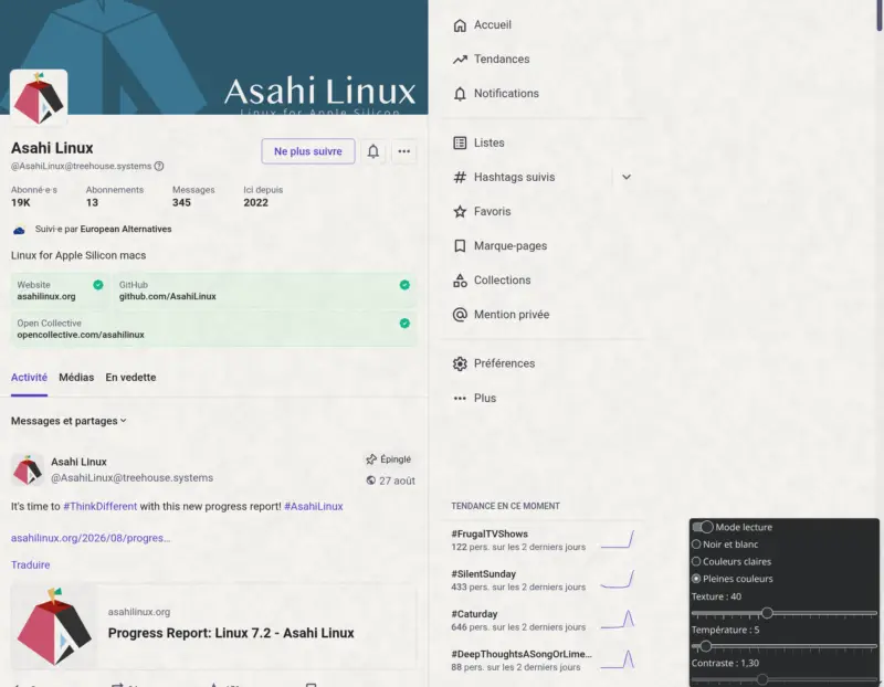 Capture de la page Mastodon d'Asahi Linux avec le mode Lecture e-ink couleurs pleines activé